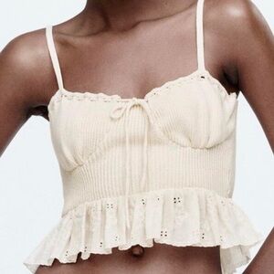 Zara Romantic Babydoll Top Ivory XS Cottage Boho Lace Up Sleeveless